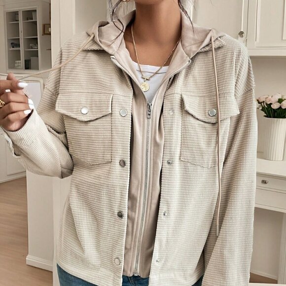 Apricot Casual Women's Flap Pocket Drop Shoulder Drawstring Hooded Jacket - Picture 6 of 6